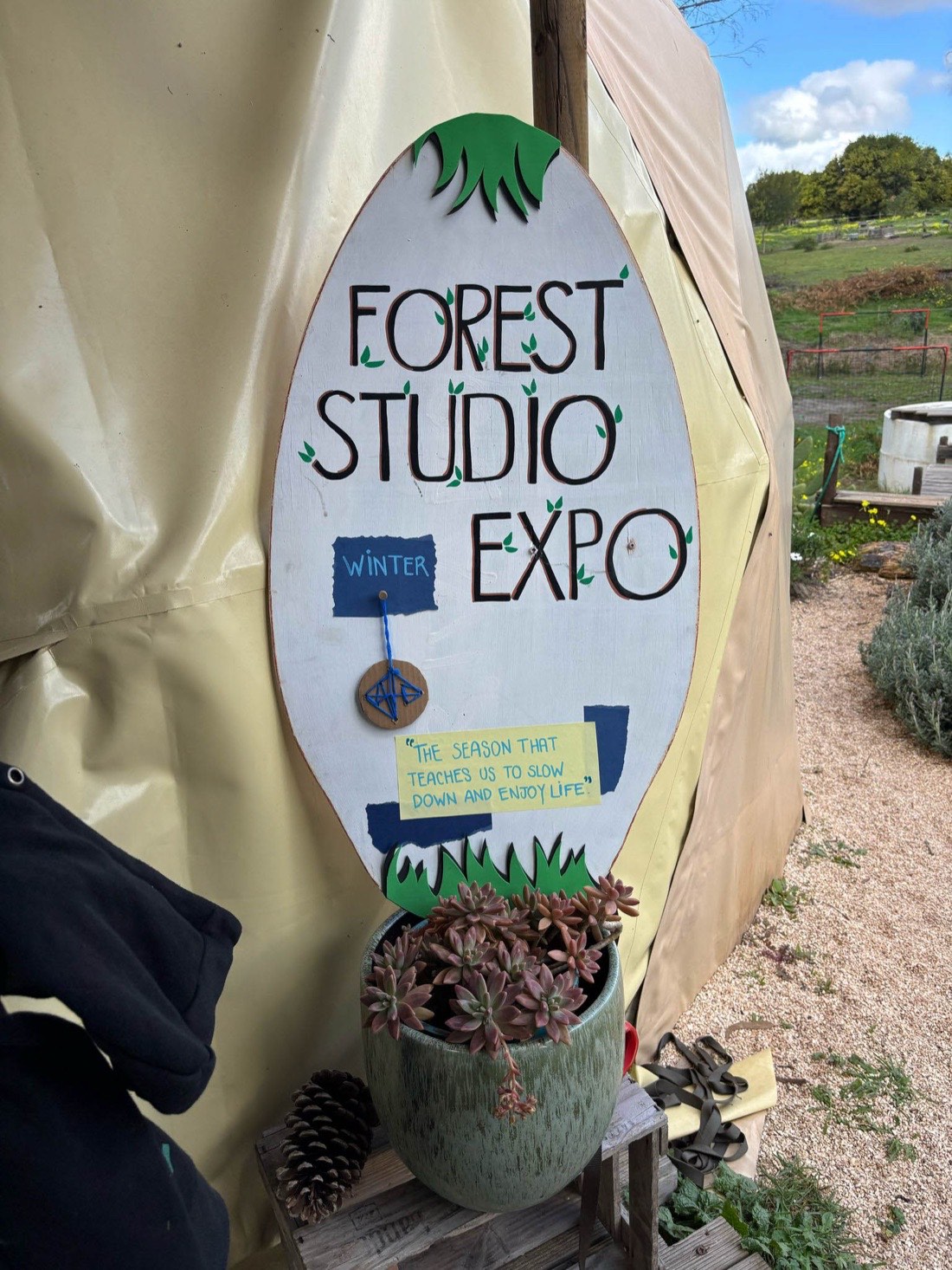 A hand-painted Forest Studio Expo sign beside a potted succulent