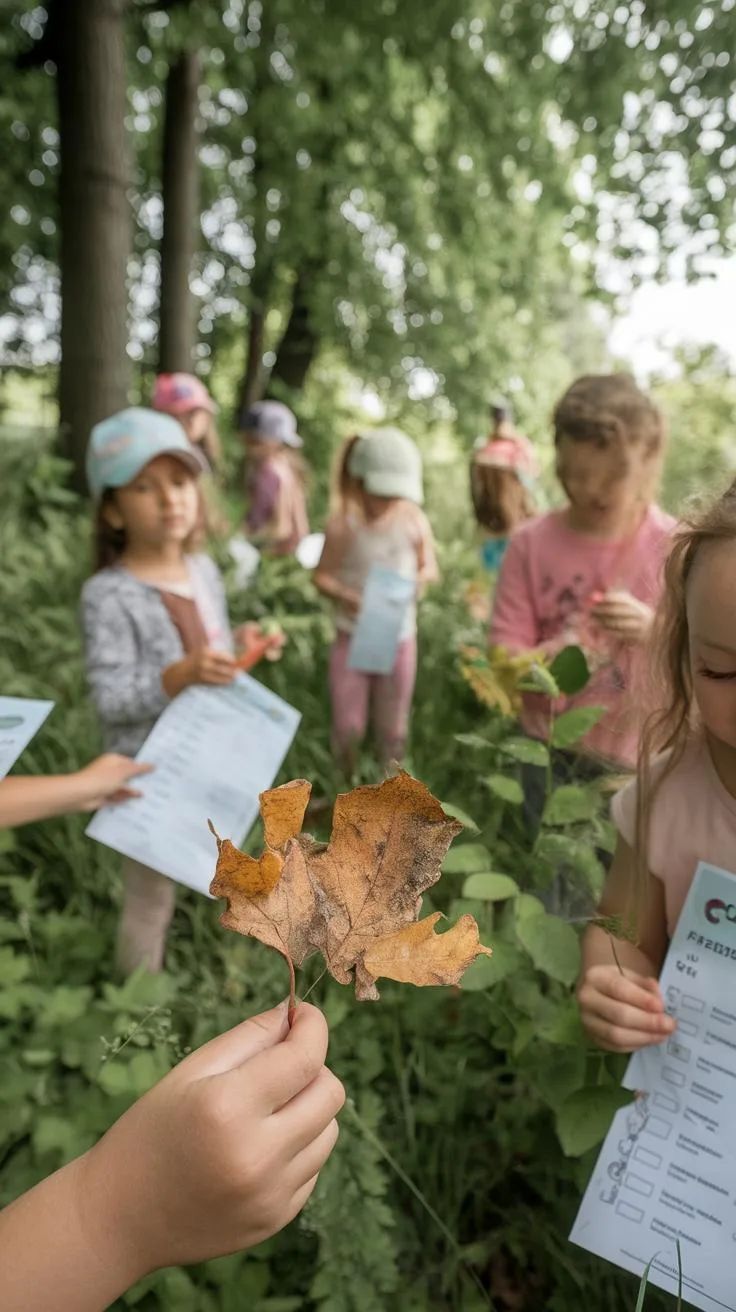 Children on a woodland nature walk comparing leaves against a printed observation checklist