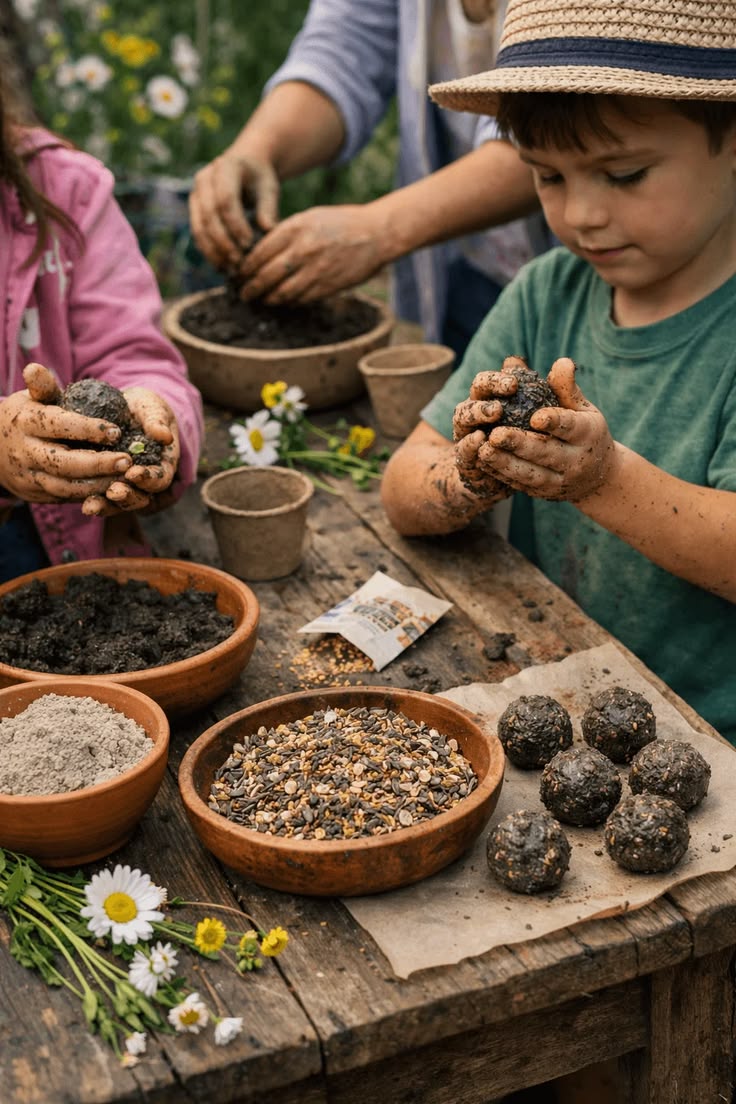 An adult guiding children as they shape seed balls at a garden table