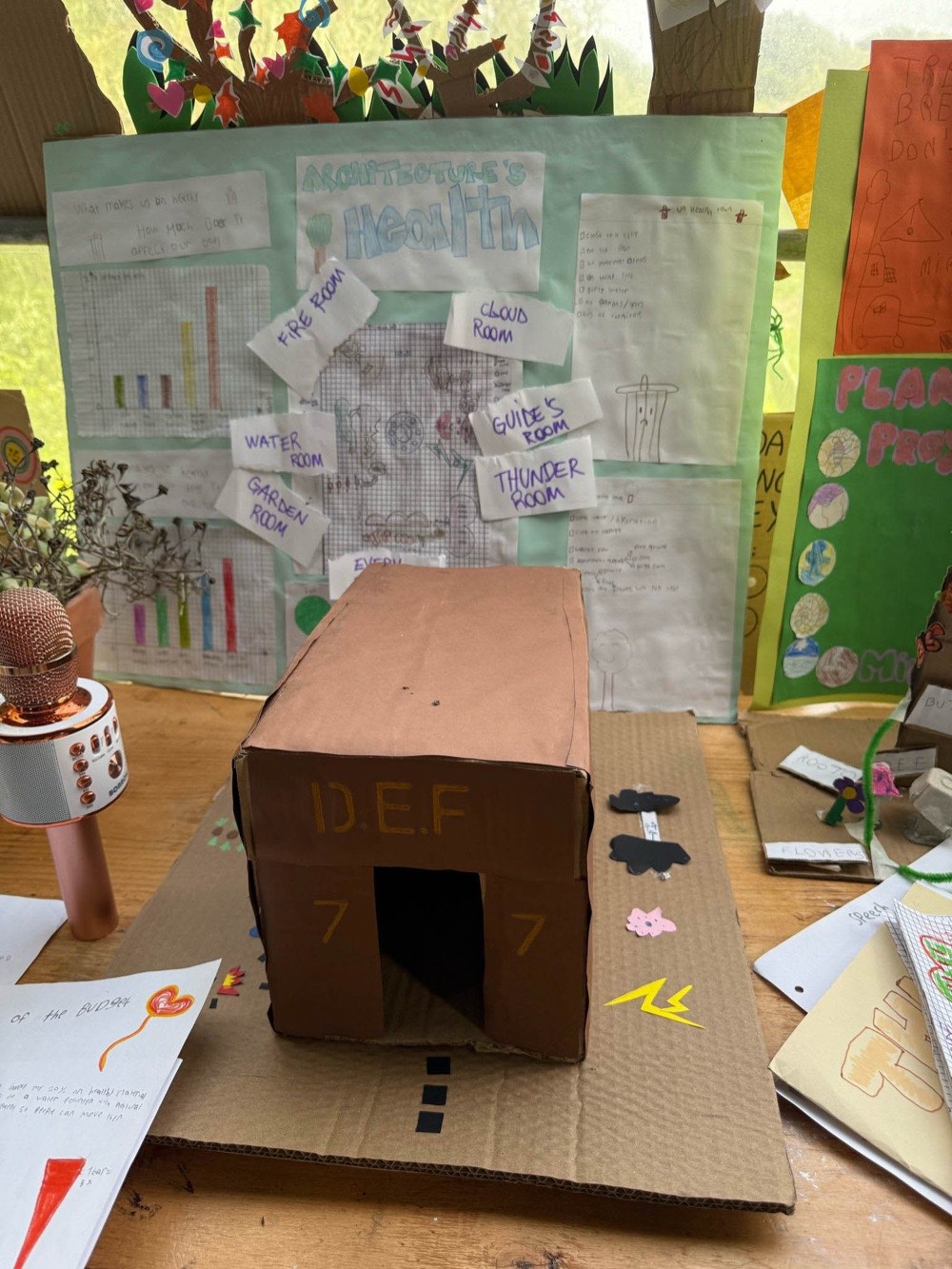 A child-built cardboard model surrounded by project posters