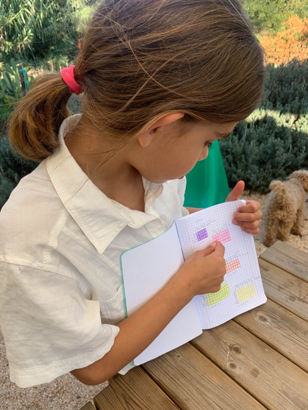 A child filling in a colour mood tracker in a notebook outdoors